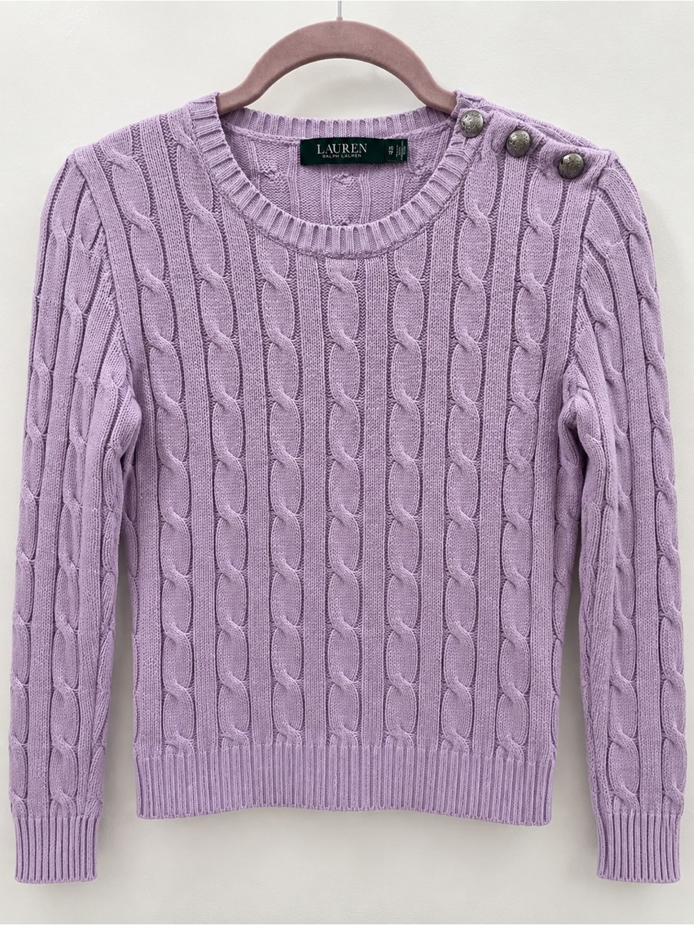 Lauren Ralph Lauren Lilac Cable-Knit Crewneck Sweater with Shoulder Buttons